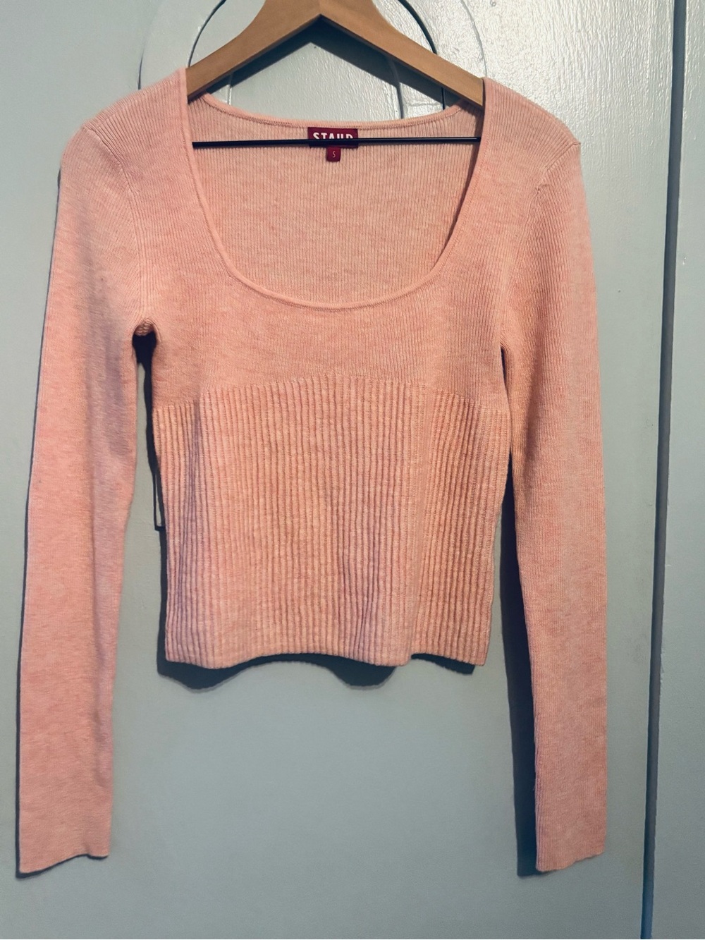 STAUD pink merino wool square neck long sleeve sweater size small